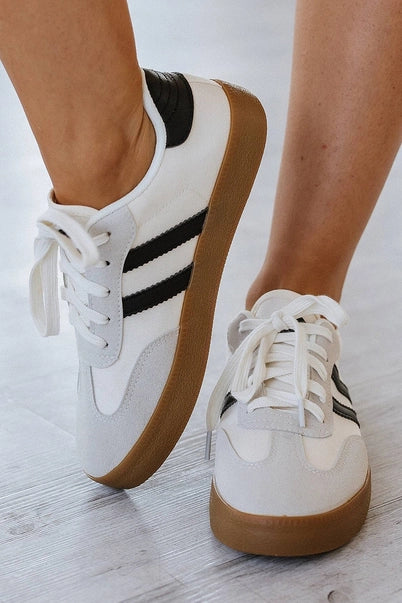 White Striped Lace-Up Flat Sneakers