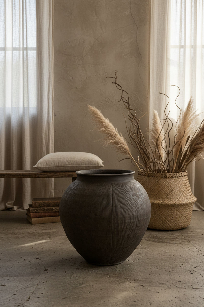 Dark Potted Ceramic Vase | 14"
