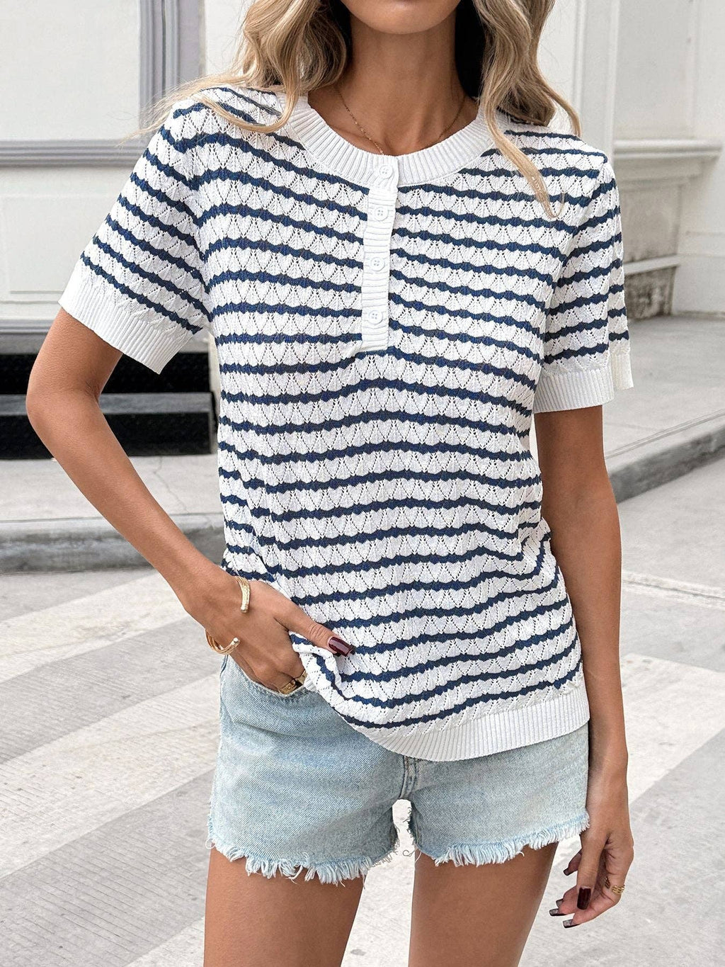 Women's Navy Striped Knit Henley Top