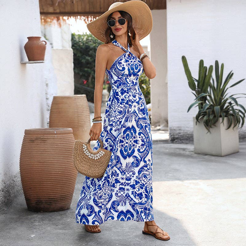 Blue Floral Halter Maxi Dress