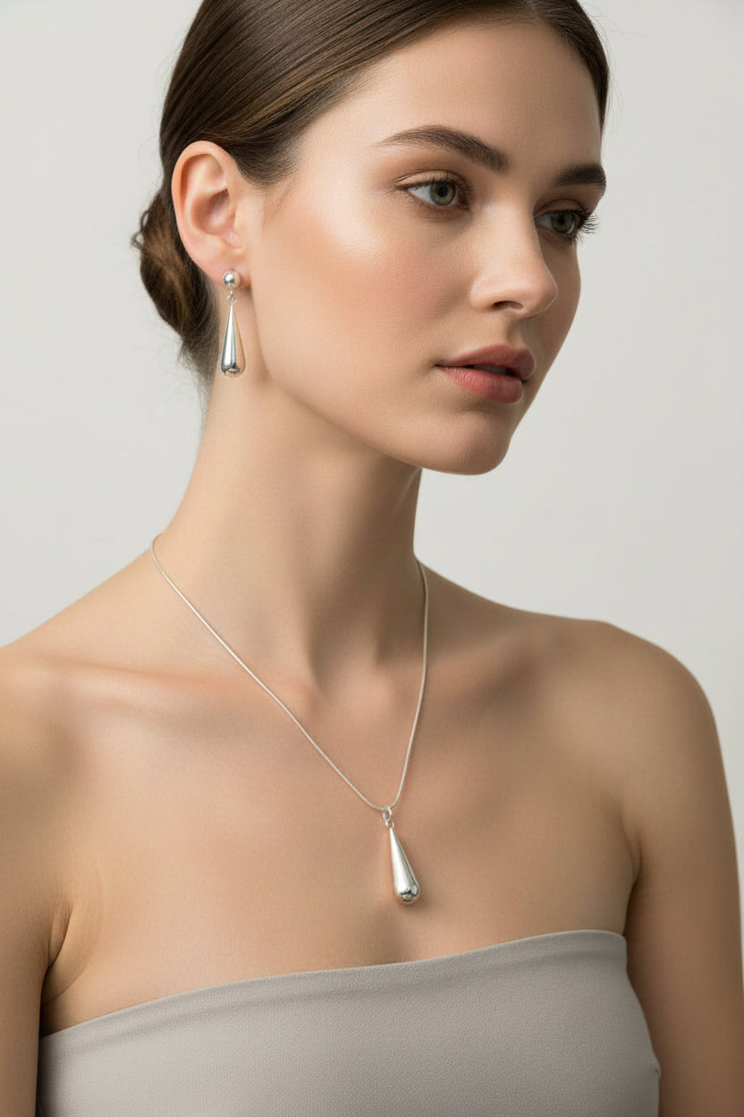 Silver Droplet Necklace and Earring Set