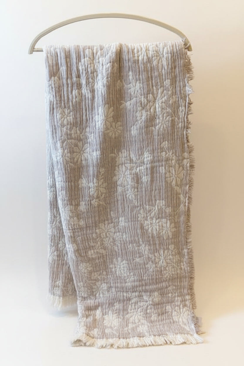 Beige Leaf Cotton Throw Blanket