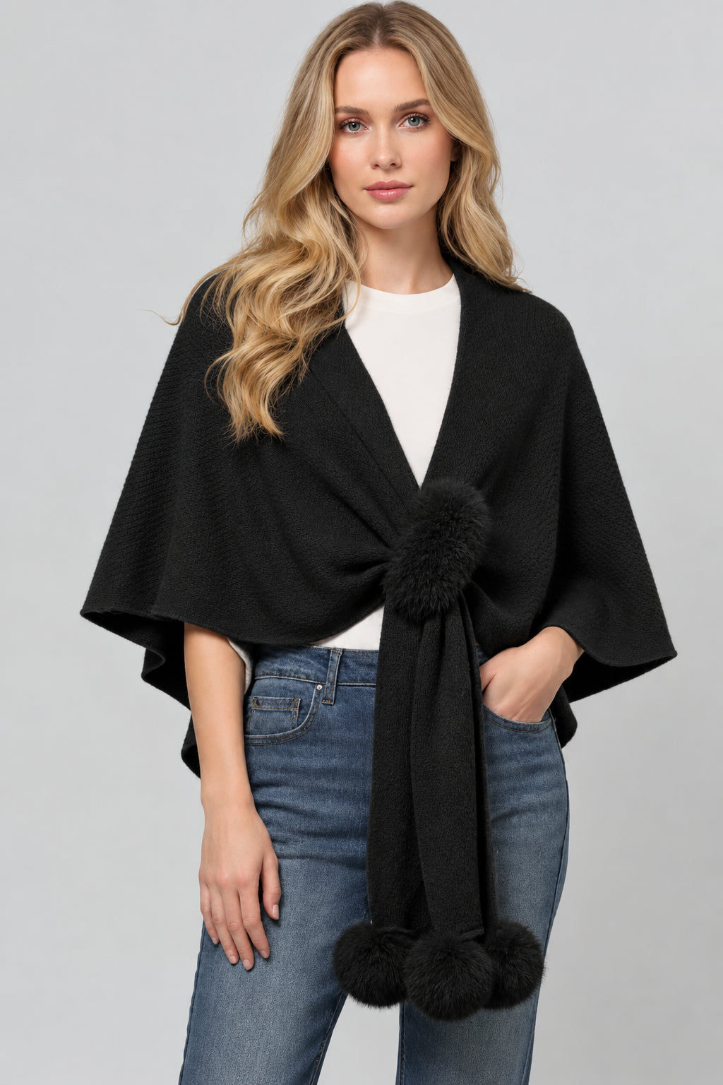 Ladies Solid Color Scarf with Faux Mink Knit Shawl