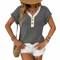 Black Stripped V-Neck Button Knit Pullover Short Sleeve