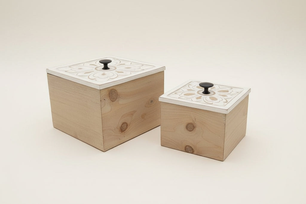 Distressed White Flower Wood Box Set