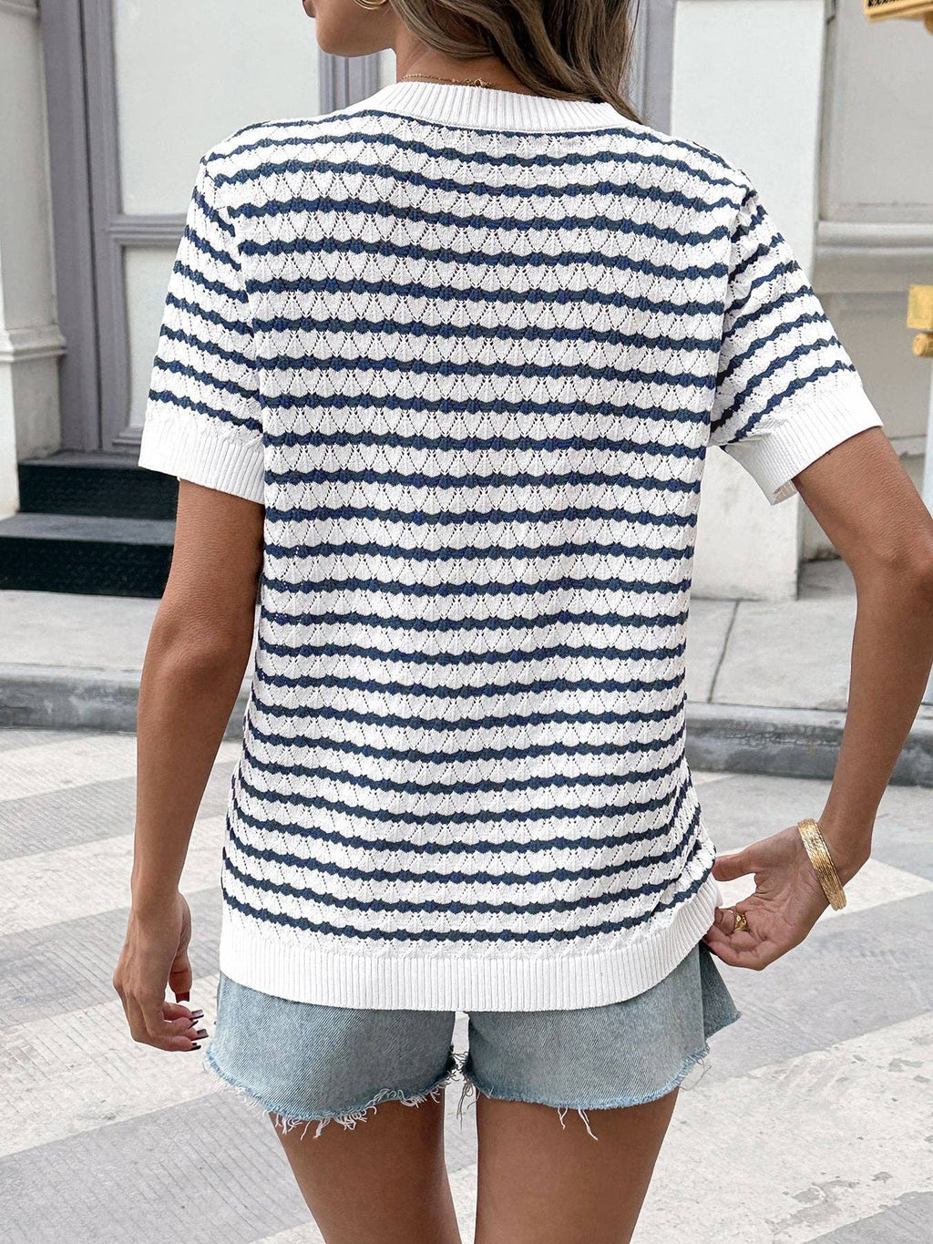 Women's Navy Striped Knit Henley Top