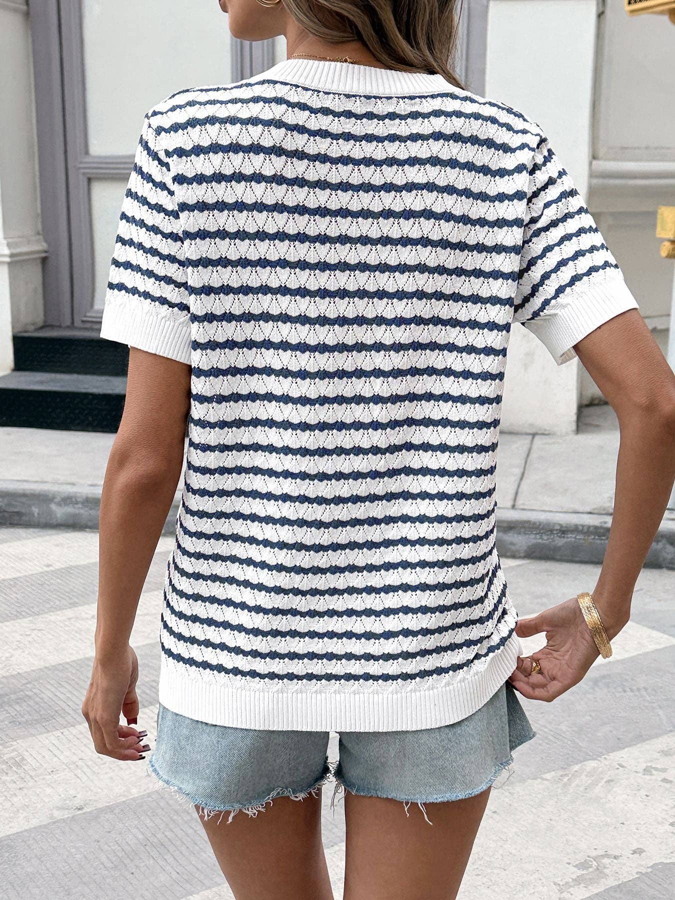 Women's Navy Striped Knit Henley Top