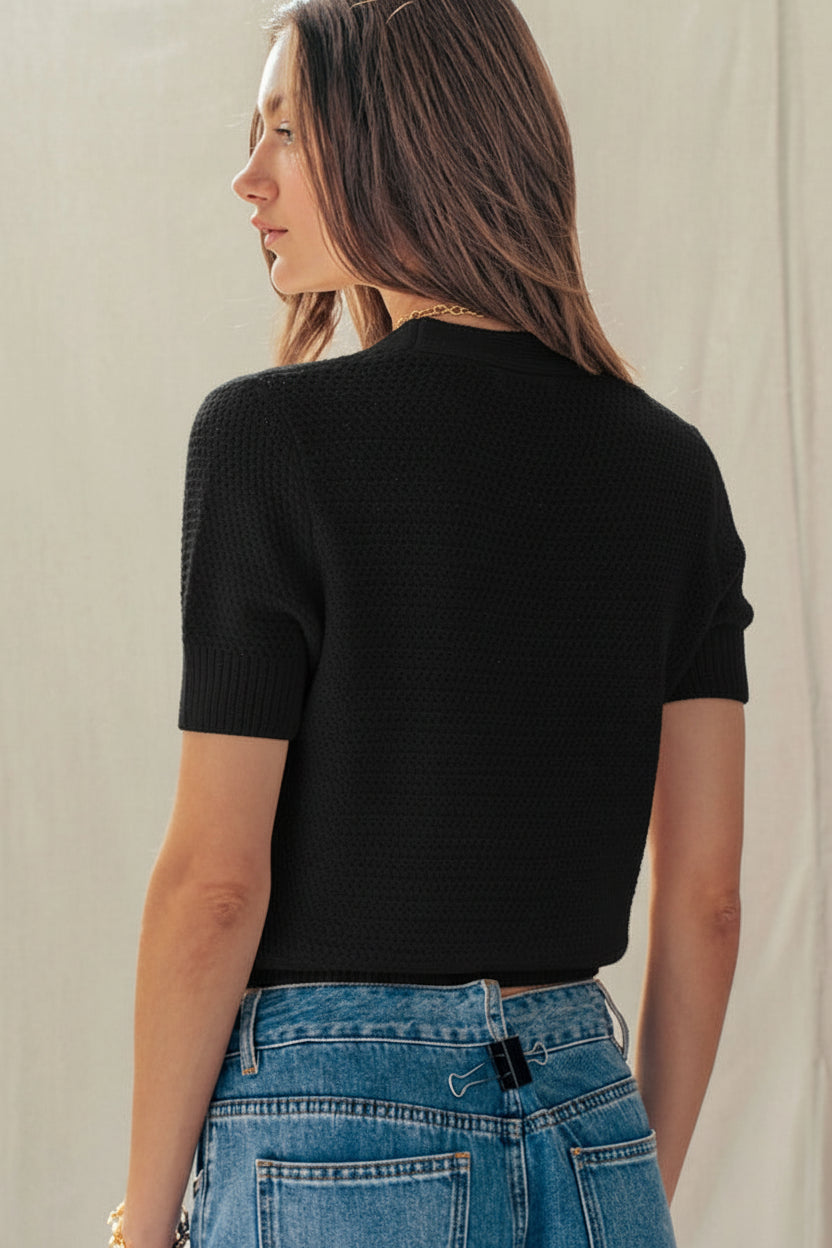Black Coastal Seashell Button Textured Knit Cardigan Top