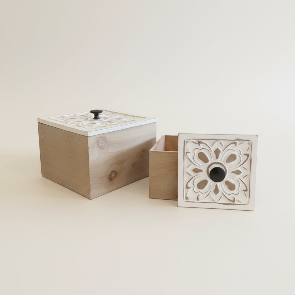 Distressed White Flower Wood Box Set