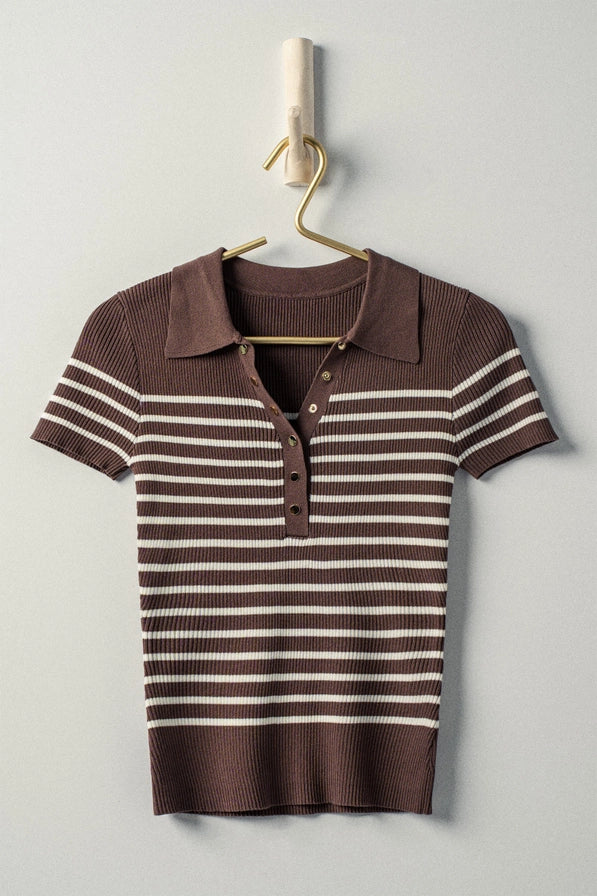 Striped Snap Collar Rib Knit Top