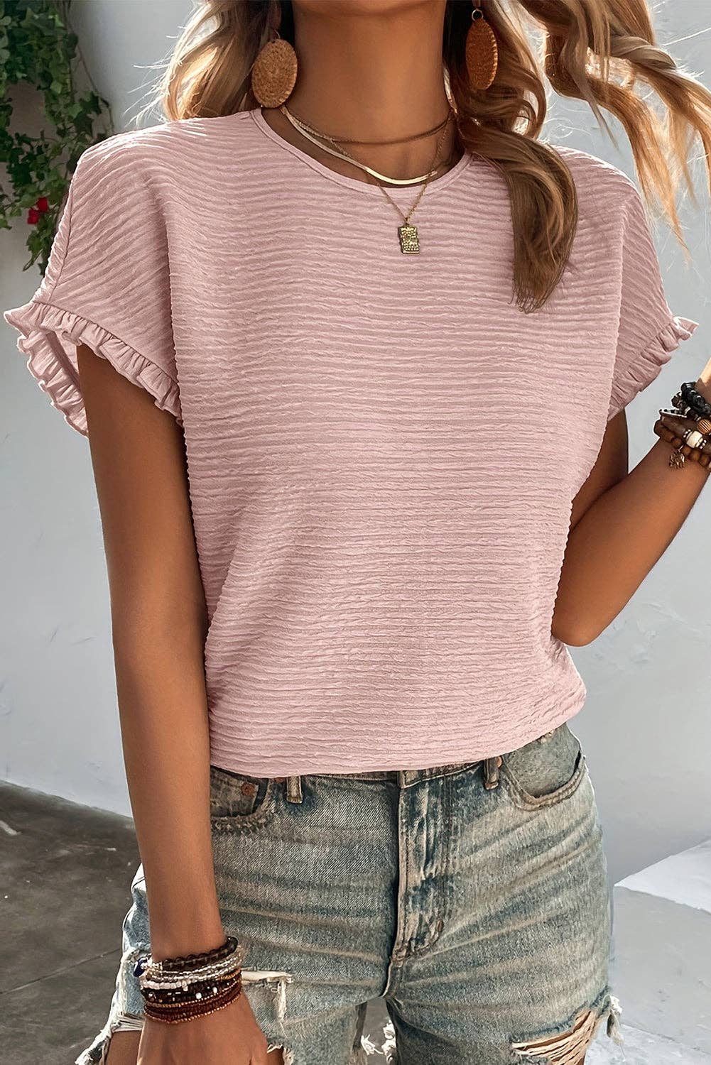 Light Pink Textured Ruffle Sleeve Crew Neck Blouse