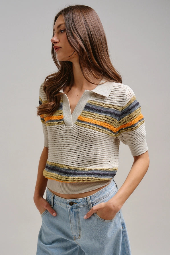 Retro Striped Open Knit V-Neck Polo