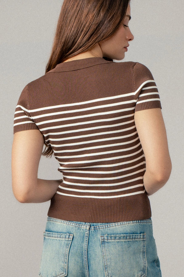 Striped Snap Collar Rib Knit Top