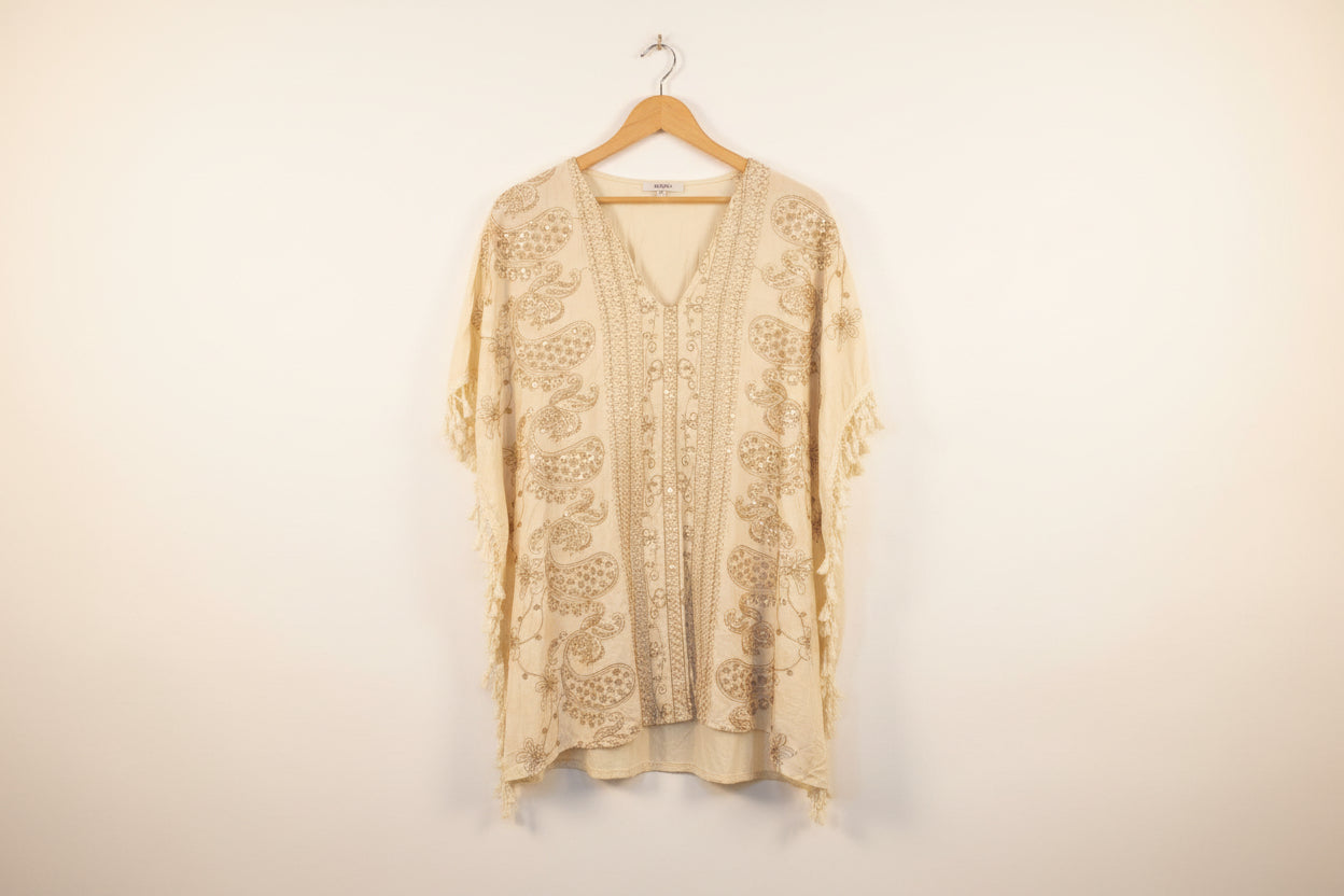 Vineyard Paisley Embroidered Tassel Tim Kaftan | Beige
