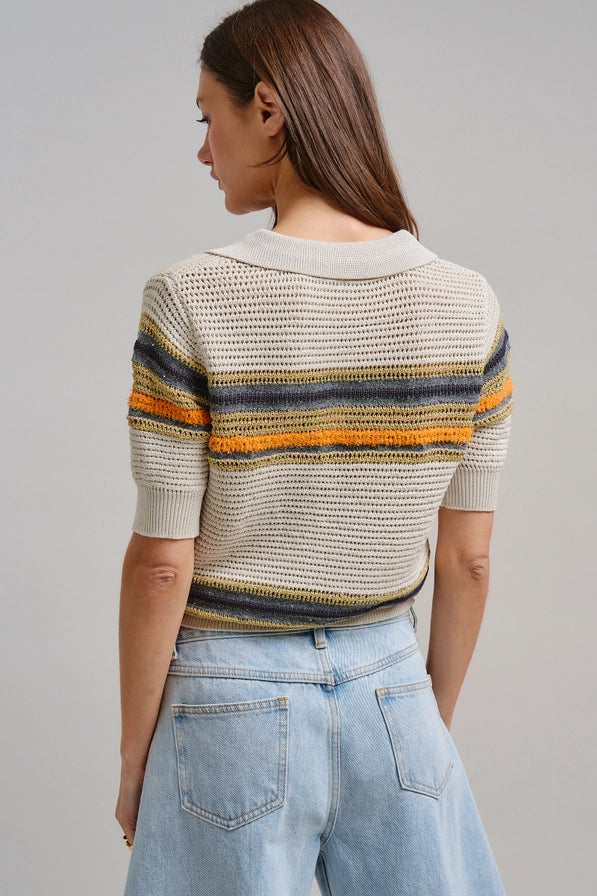 Retro Striped Open Knit V-Neck Polo
