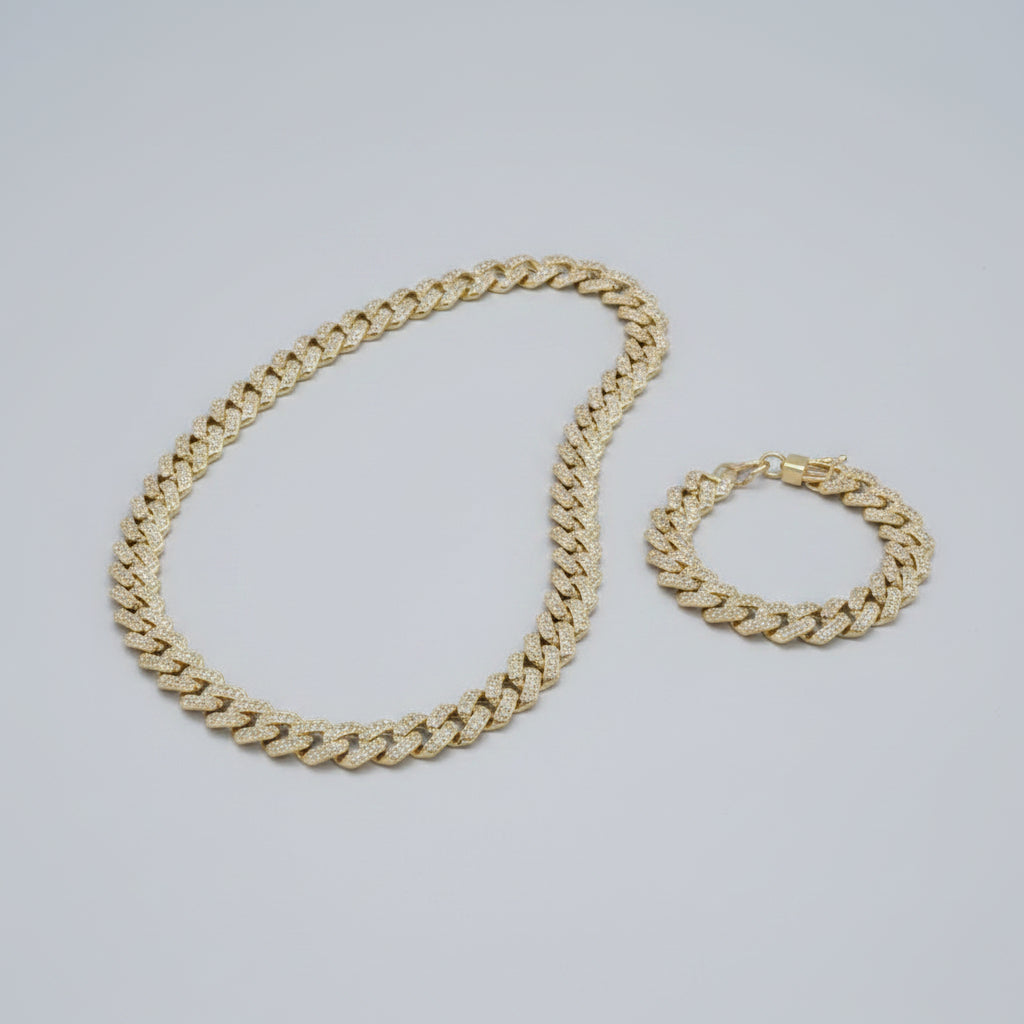 Iced Out Cuban Link Necklace and Bracelet Set – Rhinestone Hip Hop Jewelry | Unisex