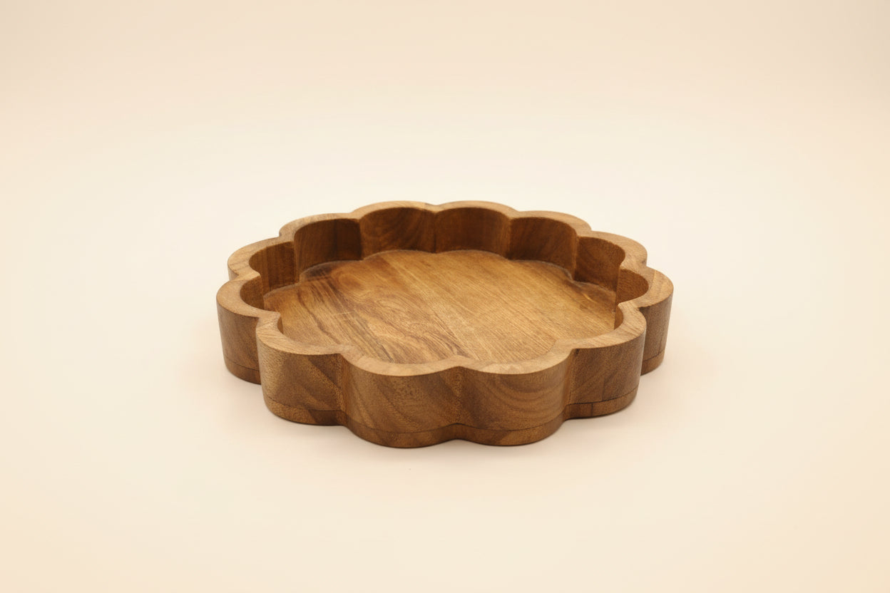 Scalloped Hand Carved Wooden Tray