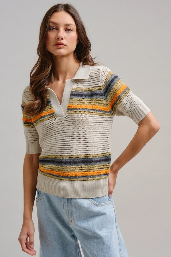 Retro Striped Open Knit V-Neck Polo