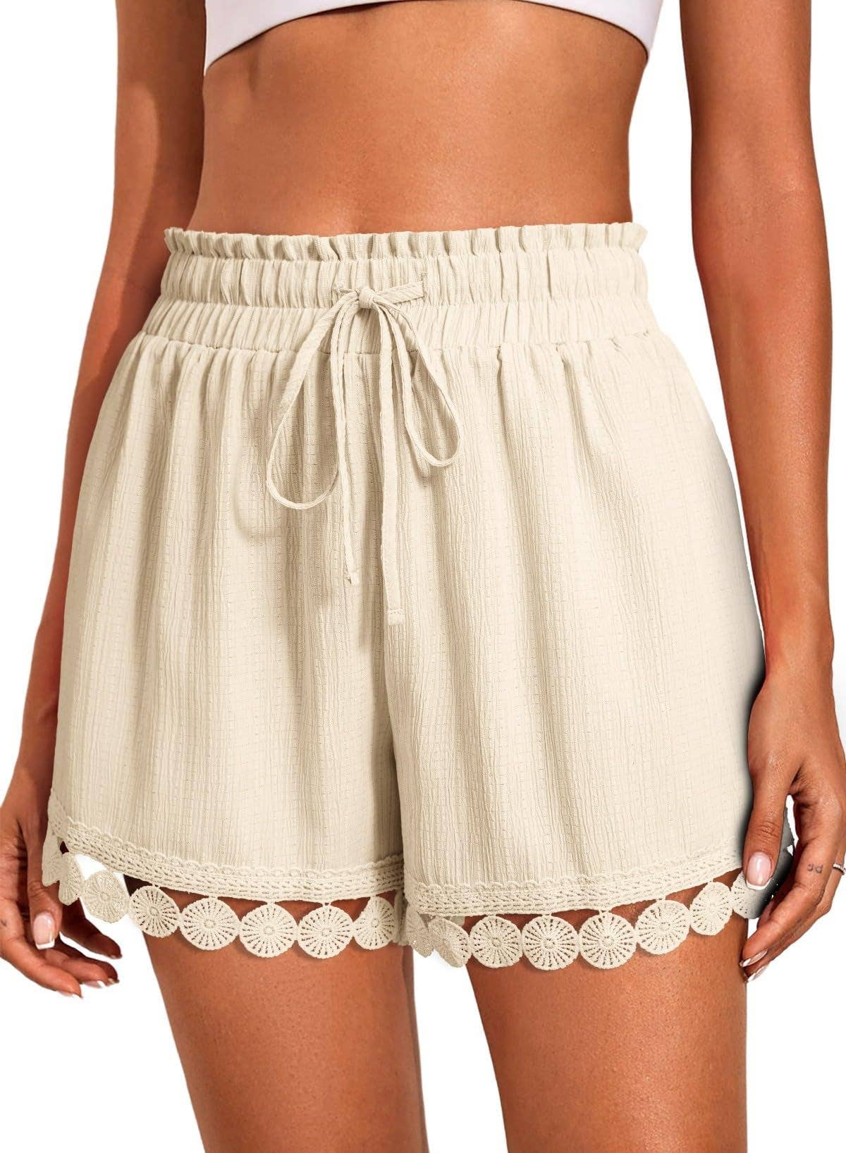 Lace Trim Drawstring Beach Shorts