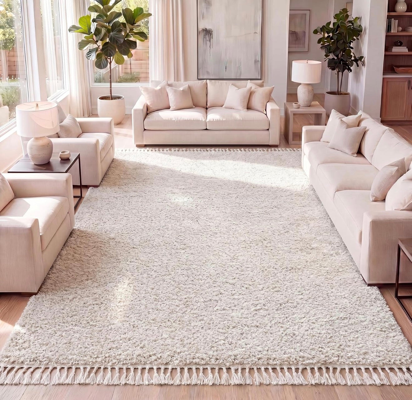 Ivory Luxe Shag Area Rug with Tassels