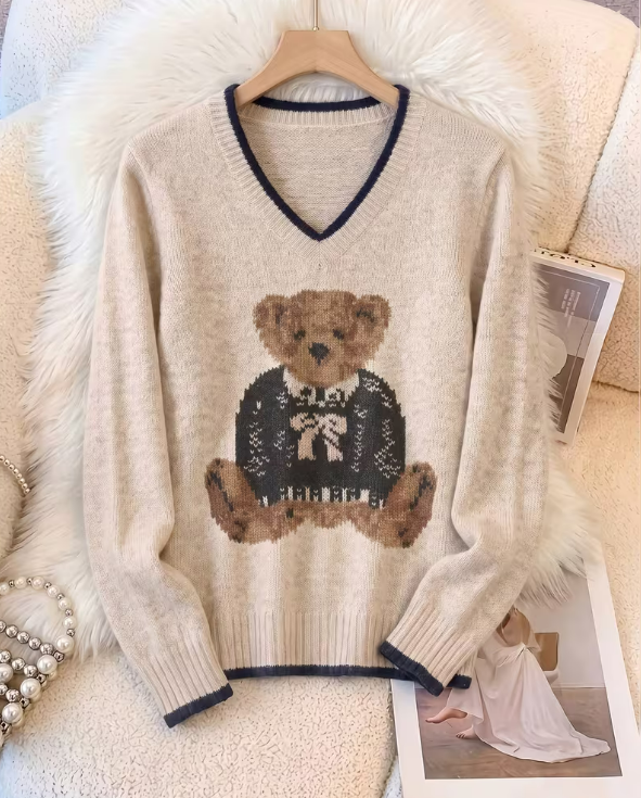 Women's Vintage Bear V-Neck Slouchy Sweater