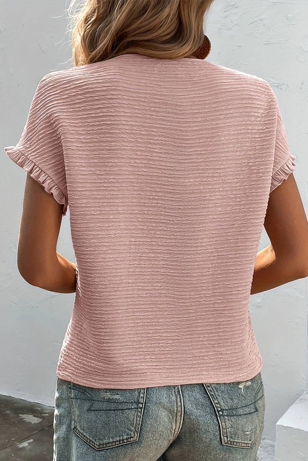 Light Pink Textured Ruffle Sleeve Crew Neck Blouse