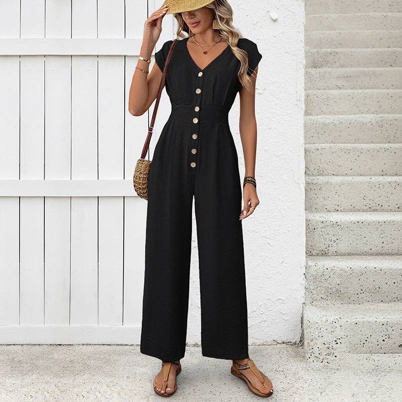 Casual Solid Color Wide Leg Jumpsuit with Elastic Waist
