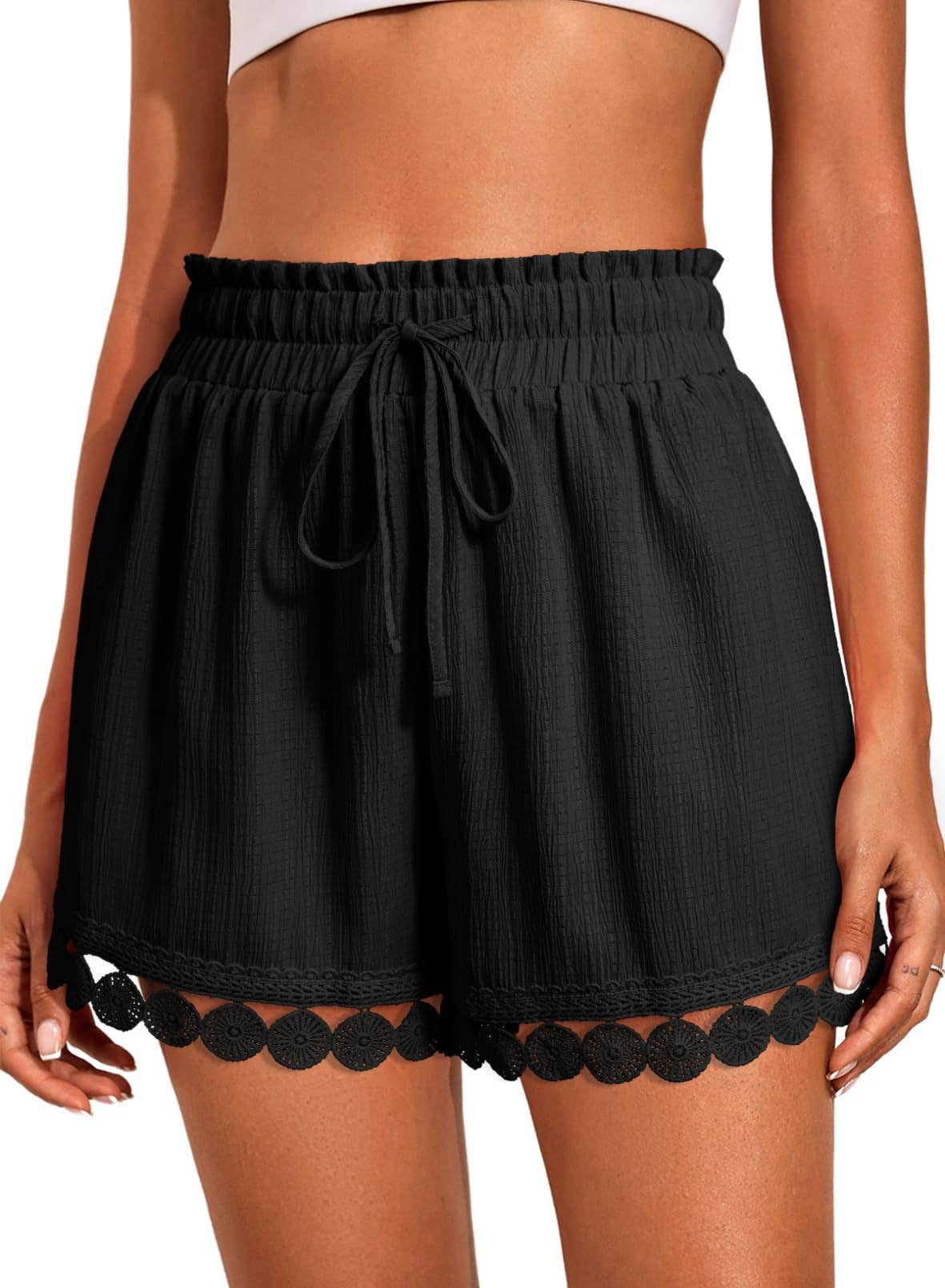 Lace Trim Drawstring Beach Shorts