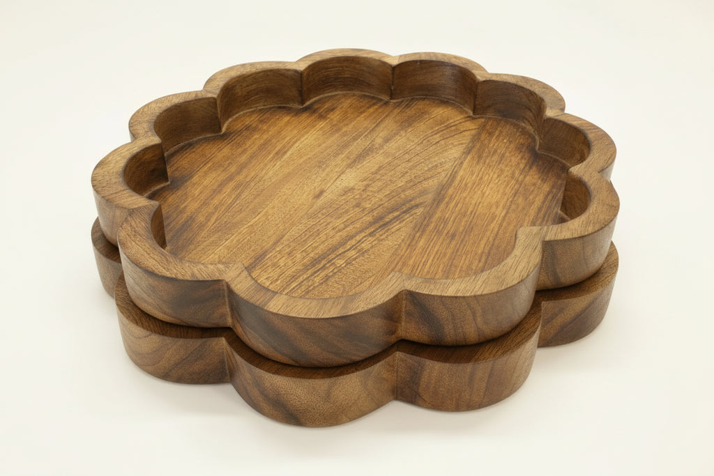 Scalloped Hand Carved Wooden Tray