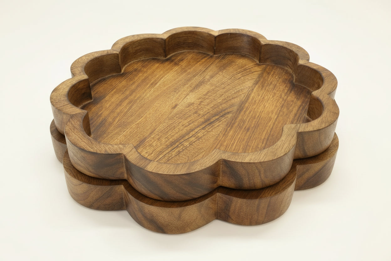 Scalloped Hand Carved Wooden Tray