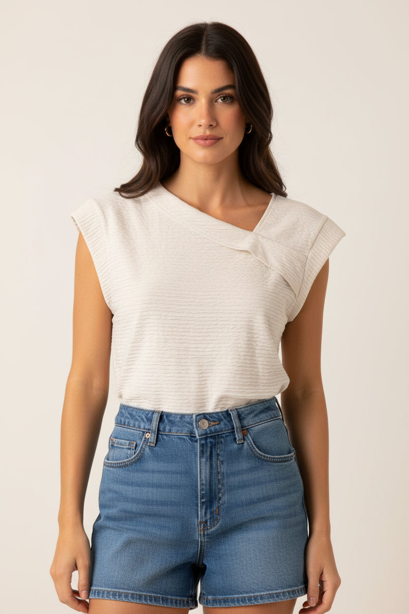 V-Neck Wrinkled Almond Beige Top