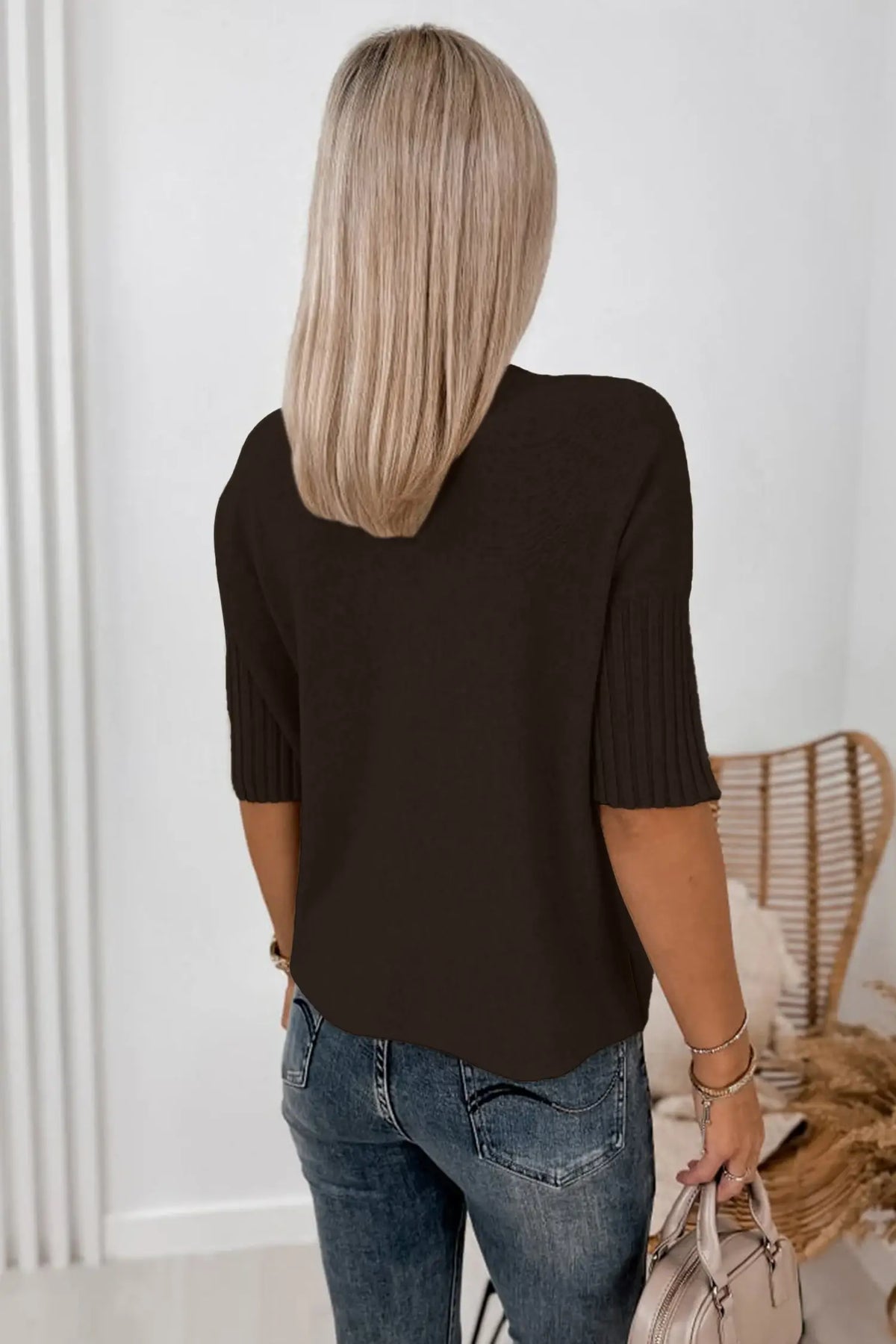 Mock Neck Ribbed Short Sleeve Sweater Top