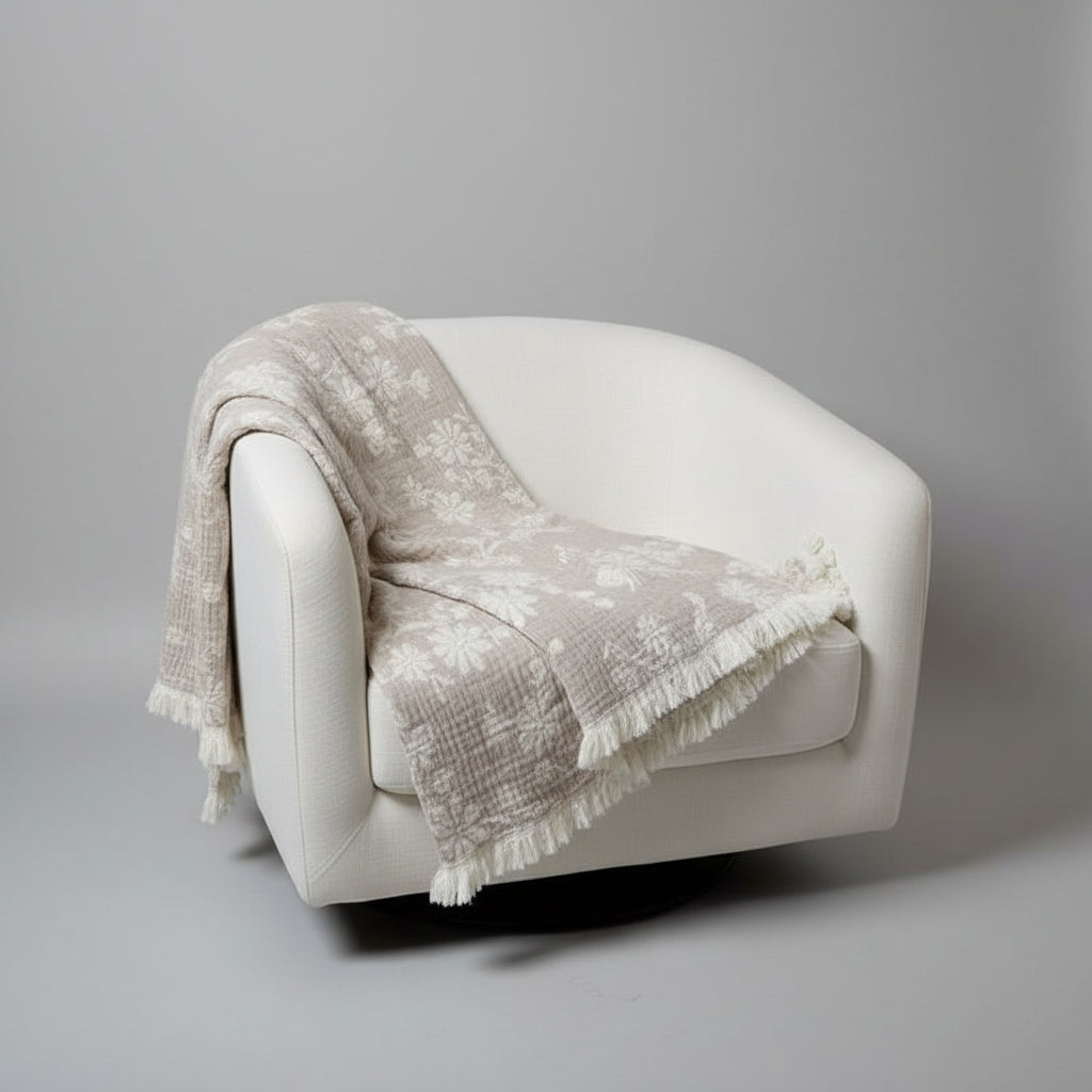 Beige Leaf Cotton Throw Blanket