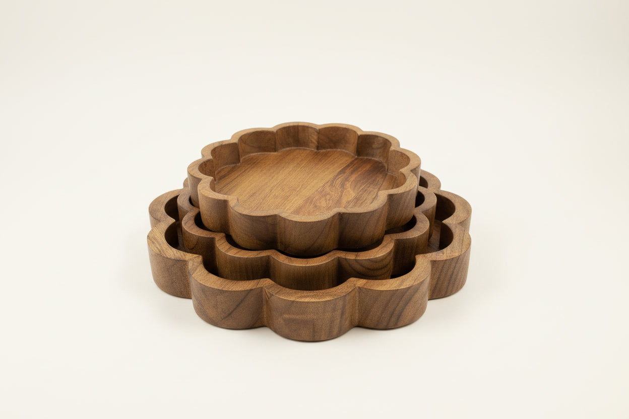 Scalloped Hand Carved Wooden Tray