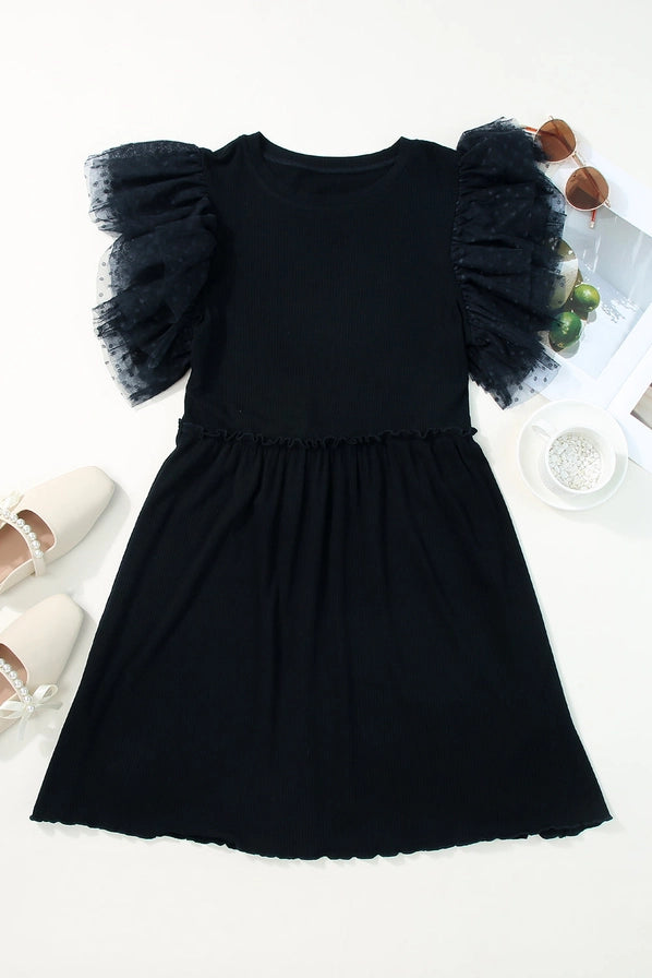 Ruffle Mesh Sleeve Babydoll Mini Dress Ribbed Knit