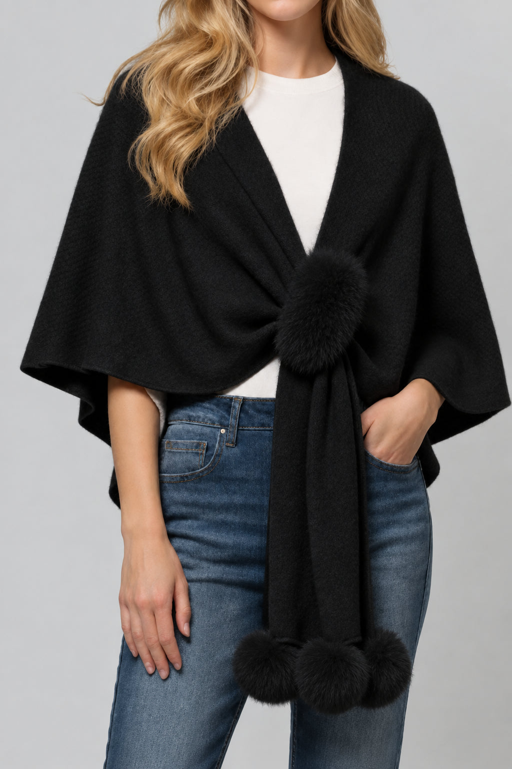 Ladies Solid Color Scarf with Faux Mink Knit Shawl