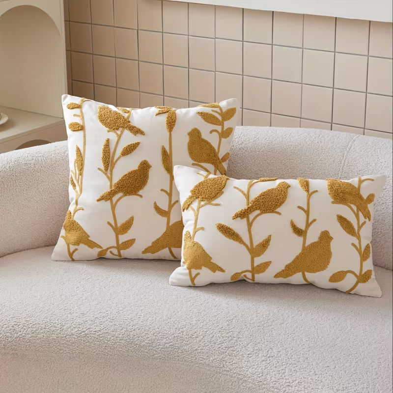 Bird Embroidered Decorative Pillow