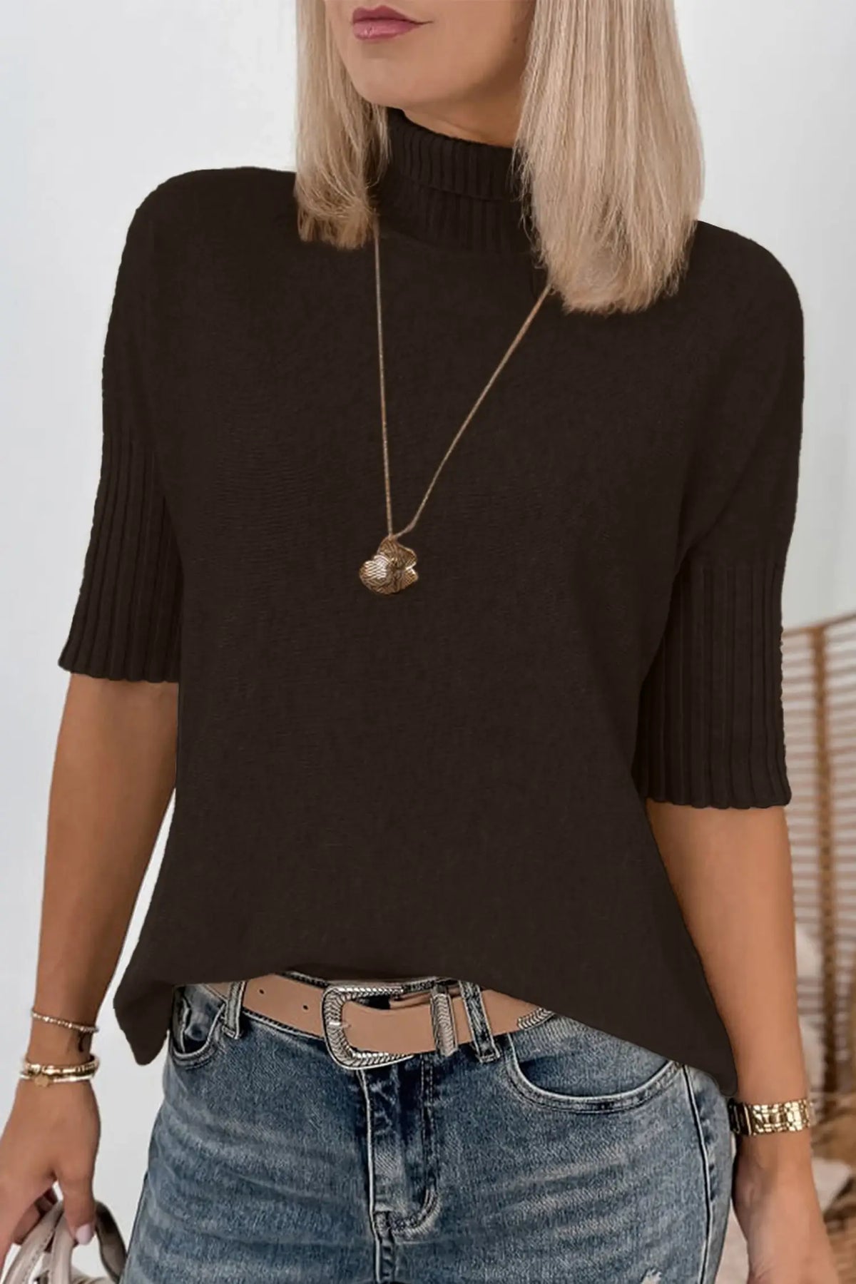 Mock Neck Ribbed Short Sleeve Sweater Top