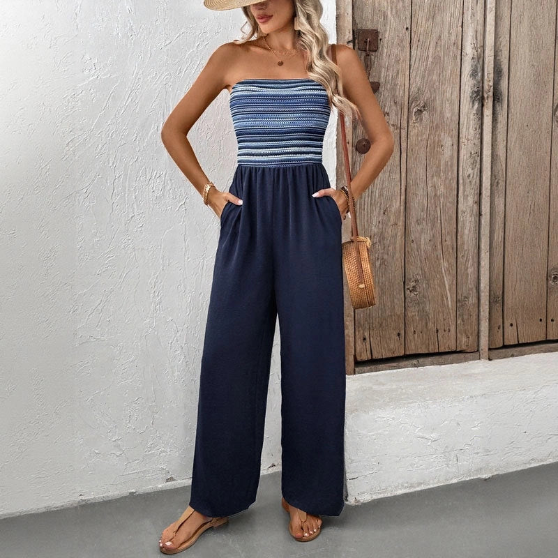 New Striped Jumpsuit Comfortable Casual Polyester Wide Leg