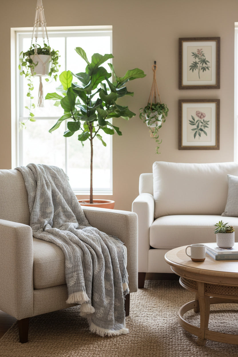 Gray Leaf Cotton Throw Blanket
