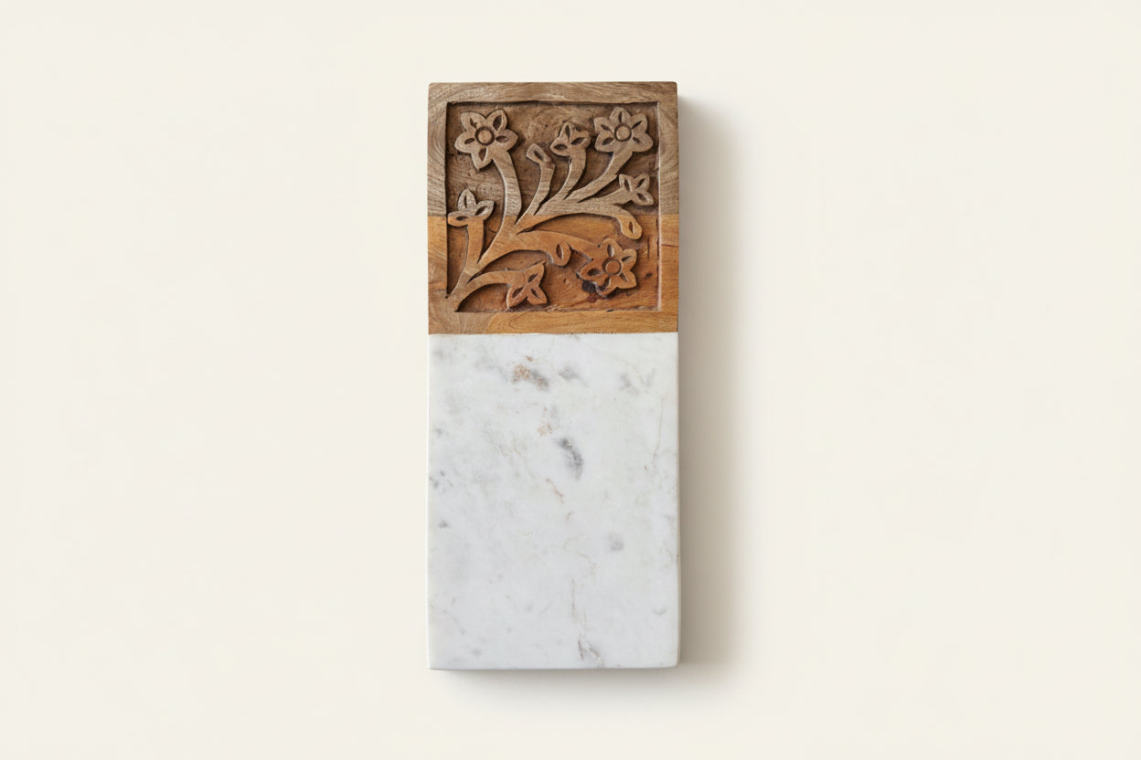 Wood and Marble Floral Engraved Serving Tray