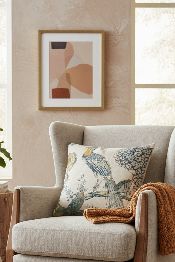 Yellow Grey Chinoiserie Bird Throw Pillow