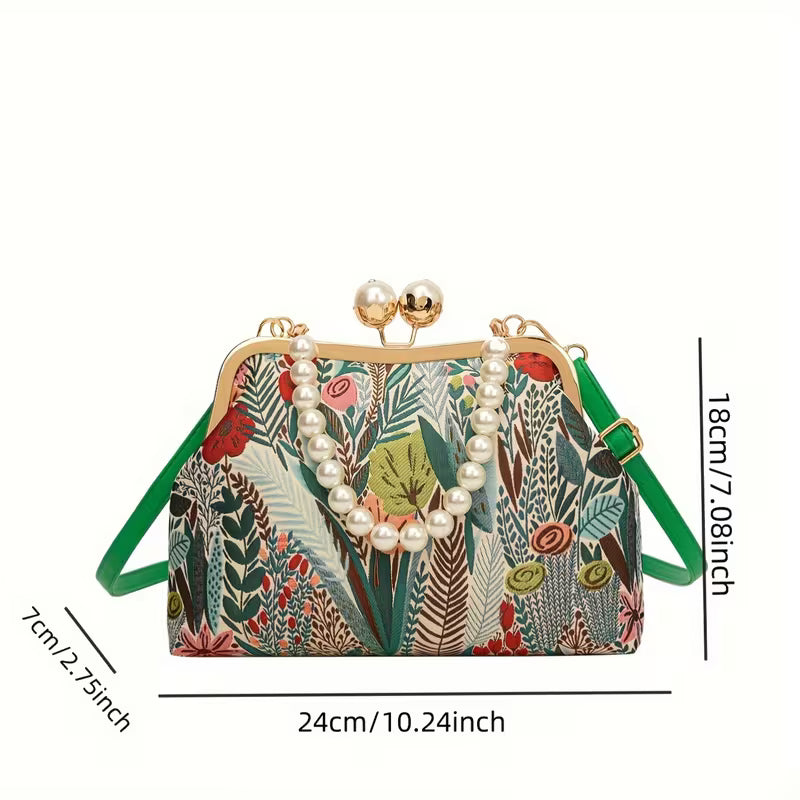 Floral Patterned Pearl Clasp Handbag