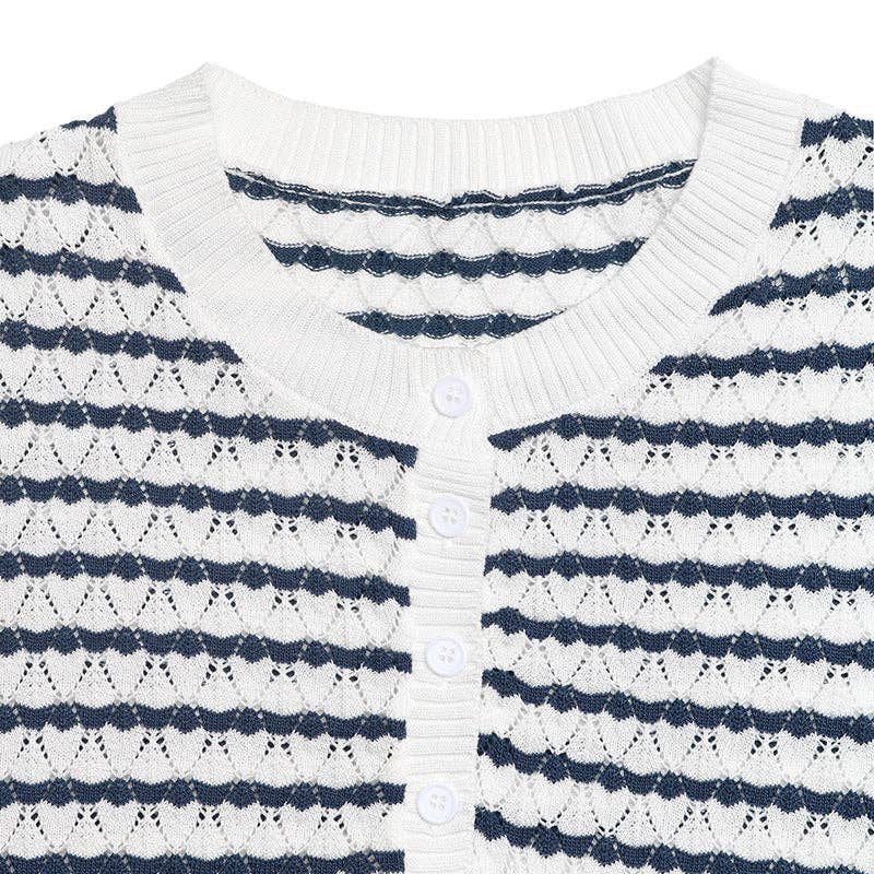 Women's Navy Striped Knit Henley Top