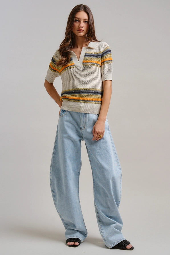 Retro Striped Open Knit V-Neck Polo
