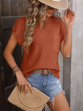 Solid Color Crewneck Short-Sleeve Sweater with Pocket Trim
