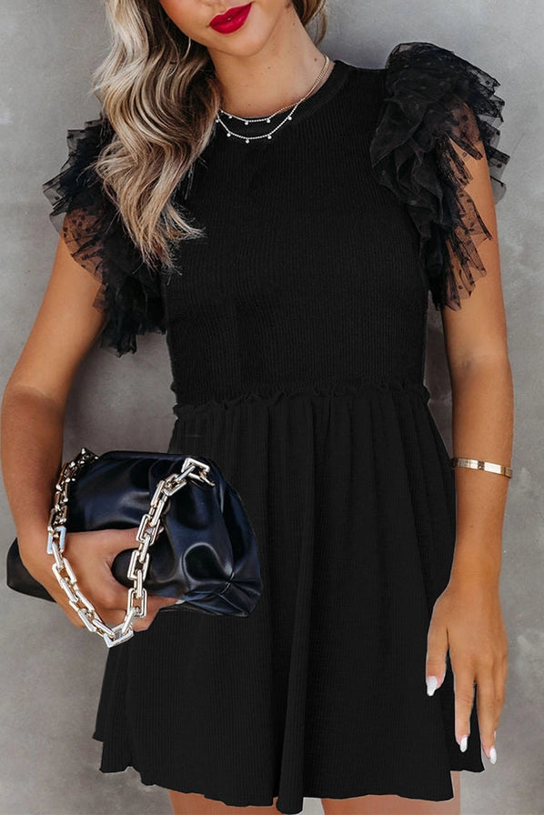 Ruffle Mesh Sleeve Babydoll Mini Dress Ribbed Knit