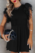 Ruffle Mesh Sleeve Babydoll Mini Dress Ribbed Knit