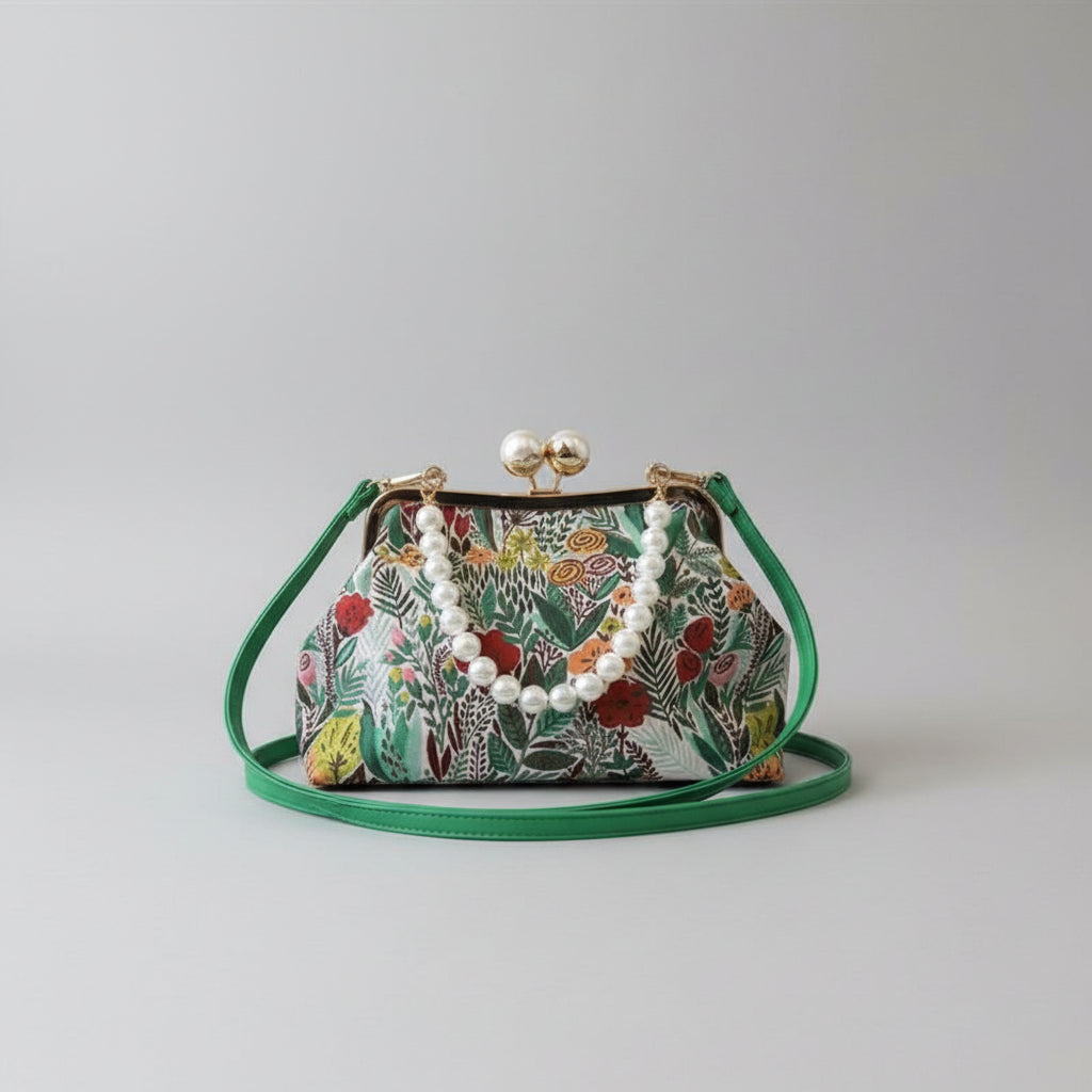 Floral Patterned Pearl Clasp Handbag