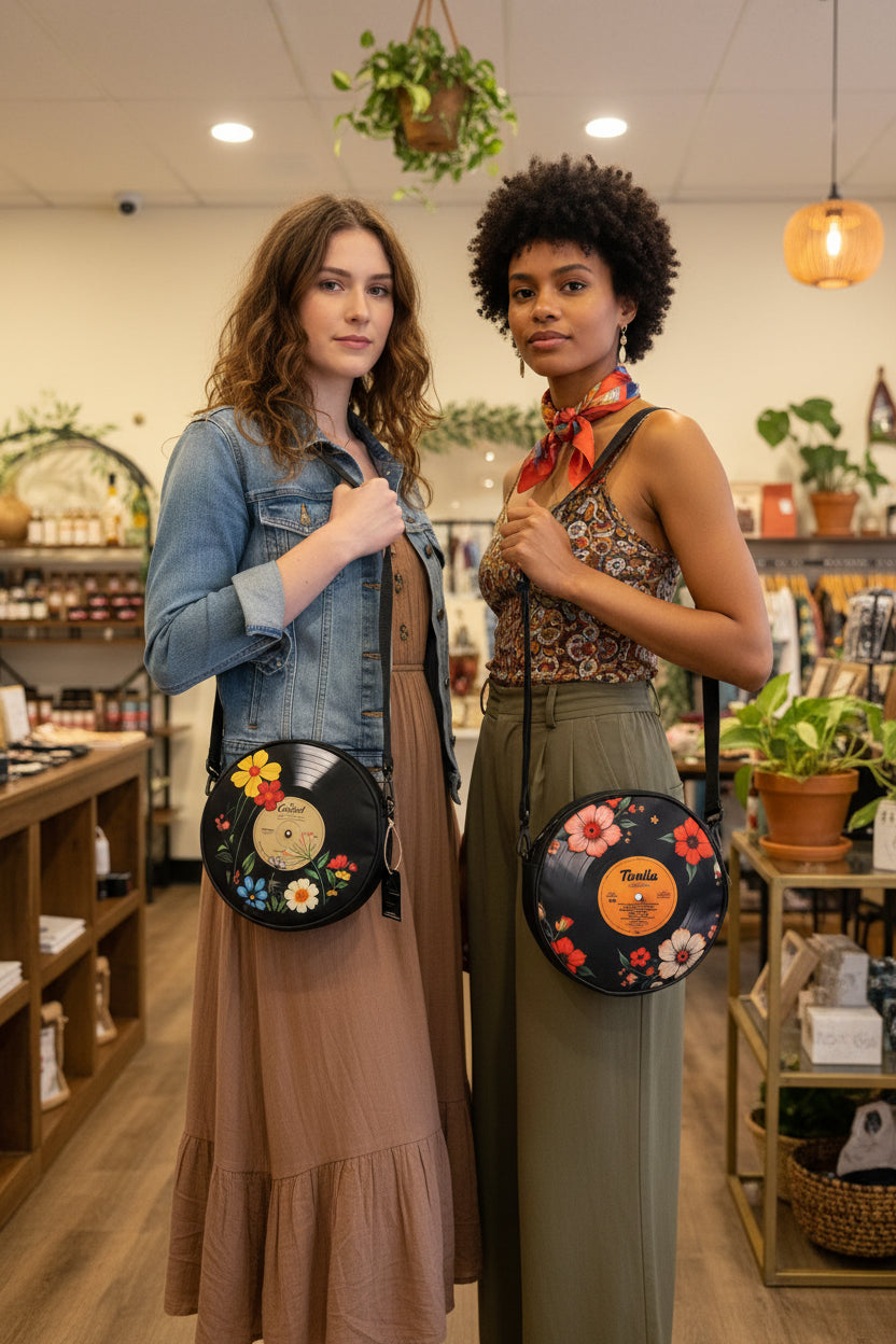 Vintage Vinyl-Inspired Crossbody Bag